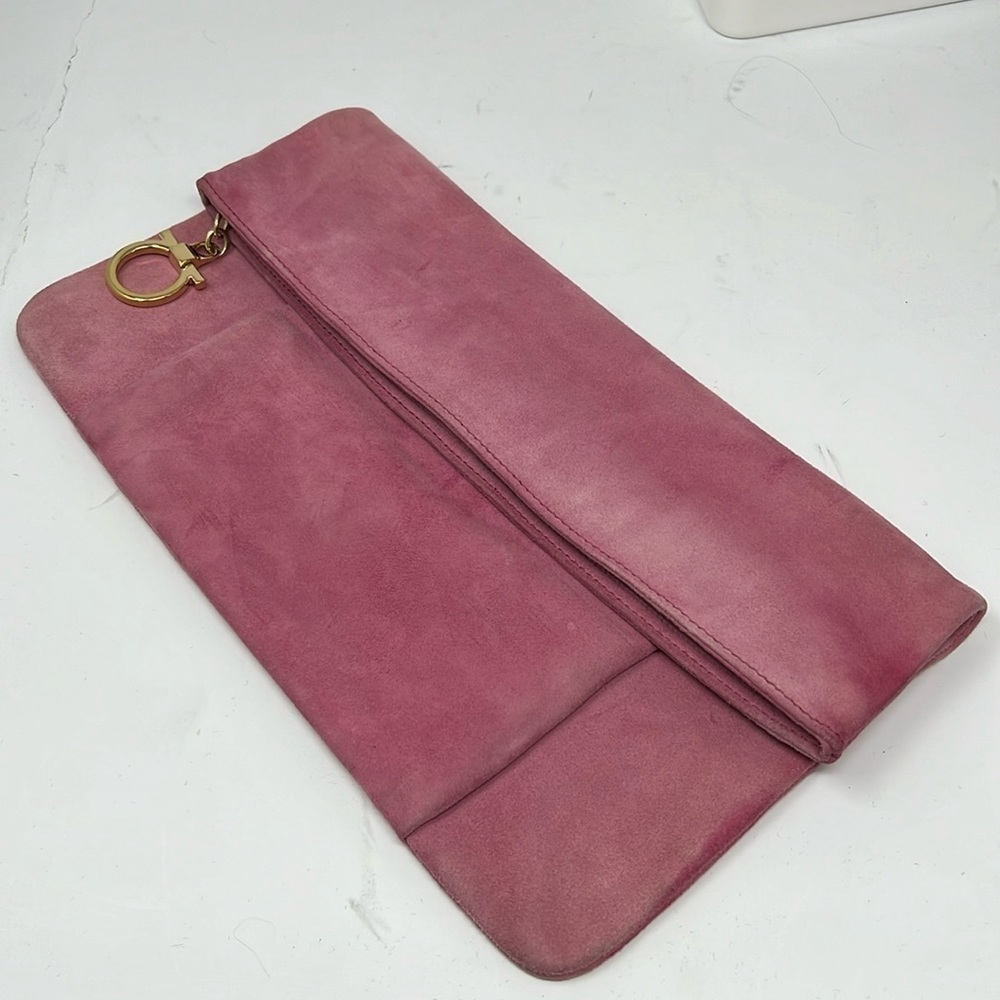 Salvatore Ferragamo Raspberry Masa Fold Over Clutch Suede Large